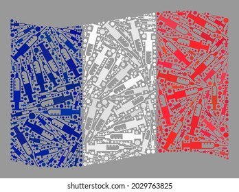 Mosaic waving France flag constructed with vaccine elements. Vector vaccine mosaic waving France flag done for medical posters. France flag collage is done with randomized vaccine icons.
