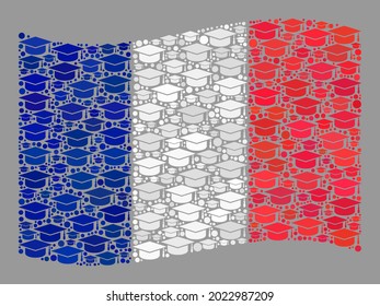Mosaic waving France flag created with graduation hat items. Graduation vector collage waving France flag constructed for educational advertisement.