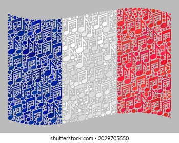 Mosaic waving France flag designed of musical symbols. Vector music collage waving France flag designed for fun illustrations. France flag collage is formed of randomized musical items.