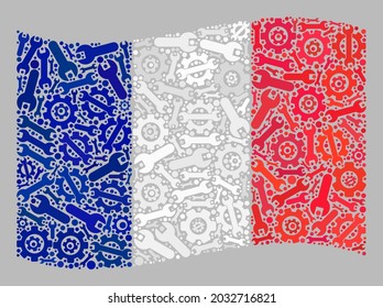 Mosaic Waving France Flag Designed With Industrial Icons. Vector Cog Wheel, Spanner Collage Waving France Flag Combined For Development Wallpapers.