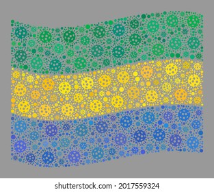 Mosaic waving Gabon flag created with covid elements. Vector covid mosaic waving Gabon flag created for health care posters. Designed for political or patriotic applications.