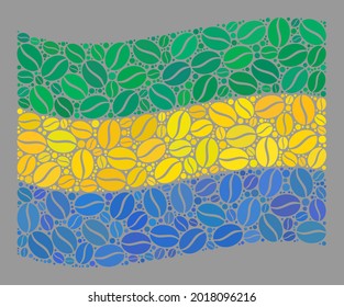 Mosaic waving Gabon flag is designed of cacao bean icons. Vector coffee collage waving Gabon flag created for coffee delivery posters. Gabon flag collage is formed of randomized coffee.