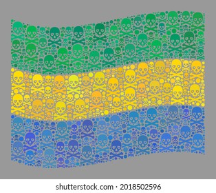 Mosaico ondeando la bandera de Gabón diseñada con elementos de piratería. Mosaico de mosaico de vectores de riesgo con bandera de Gabón organizado con fines de precaución. Diseñado para afiches políticos o patrióticos.