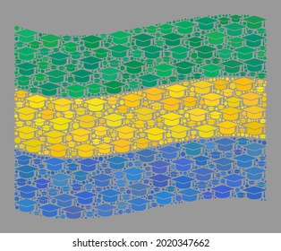Mosaic waving Gabon flag designed with graduate hat elements. Graduation vector collage waving Gabon flag created for bachelor applications.