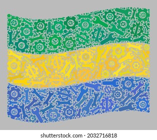 Bandera de Gabón con mosaico diseñada con artículos de tecnología. Cog vectorial, collage francés ondeando la bandera de Gabón organizado para publicidad de producción.