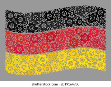 Mosaic waving Germany flag created with mechanic elements. Vector gear mosaic waving Germany flag designed for industrial posters. Germany flag collage is created with randomized gear items.