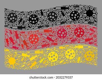 Mosaic waving Germany flag created of virus and needle icons. Vector virus therapy collage waving Germany flag organized for quarantine applications.