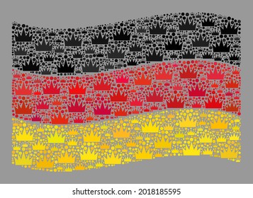 Mosaic waving Germany flag designed with crown icons. Royalty vector collage waving Germany flag created for aristocracy purposes. Designed for political or patriotic collages.