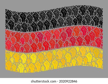 Mosaik schwingende deutsche Flagge entworfen von Kraft-Symbole. Kämpfe erste Vektorcollage schwingende Deutschland-Flagge organisiert für Rebellenprojekte. Für politische und patriotische Zwecke konzipiert.