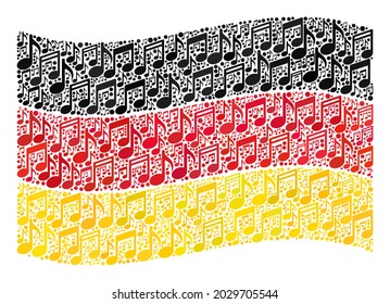 Mosaic waving Germany flag designed of musical signs. Vector music collage waving Germany flag designed for club projects. Germany flag collage is constructed of random music icons.