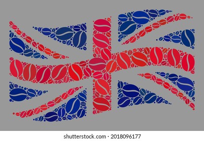 Mosaic waving Great Britain flag is designed with coffee grain icons. Vector coffee mosaic waving Great Britain flag organized for cafe posters.