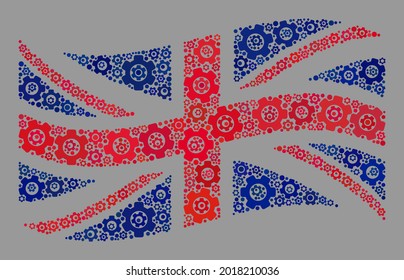 Mosaic waving Great Britain flag constructed with repair items. Vector gear mosaic waving Great Britain flag designed for service applications.