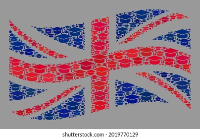Mosaic waving Great Britain flag designed of master cap icons. School vector collage waving Great Britain flag created for bachelor posters.