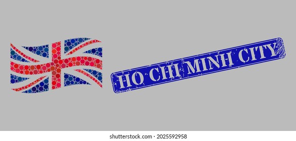 Mosaic waving Great Britain flag designed of round dots, and distress Ho Chi Minh City rectangle watermark. Vector circle elements are organized into waving Great Britain flag composition.