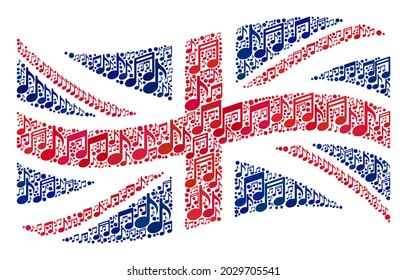 Mosaic waving Great Britain flag constructed of musical symbols. Vector musical collage waving Great Britain flag designed for concert illustrations.