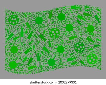 Mosaic waving green flag designed of viral and syringe elements. Vector vaccine collage waving green flag constructed for medicine projects.