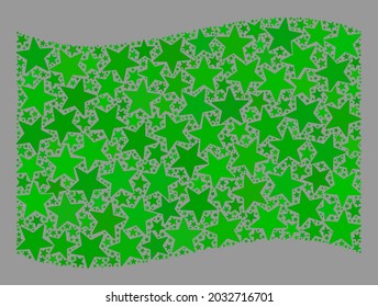 Mosaic waving green flag designed of star items. Vector starred collage waving green flag organized for patriotic purposes. Green flag collage is made of random stars.
