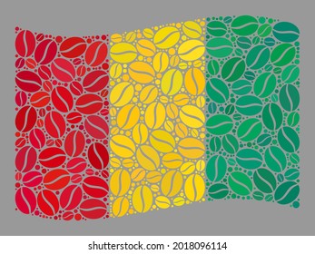 Mosaic waving Guinea flag is created of cocoa seed icons. Vector coffee collage waving Guinea flag designed for coffee shops projects. Guinea flag collage is designed of random chocolate seeds.