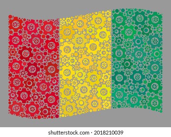 Mosaic waving Guinea flag designed of repair items. Vector cog wheel mosaic waving Guinea flag organized for development propaganda. Guinea flag collage is designed with random development items.