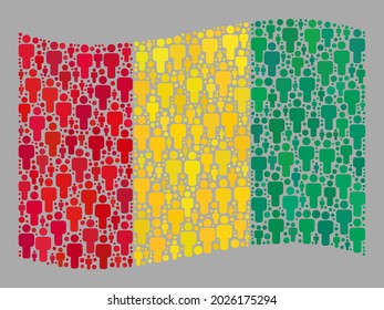Mosaik schwingende Flagge Guinea entworfen von männlichen Elementen. Vektor Population Mosaik schwingende Flagge Guinea kombiniert für politische Wallpaper. Die Zusammenstellung der Flaggen in Guinea ist aus randomisierten Populationssymbolen geformt.