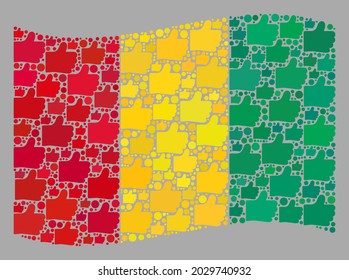 Mosaic waving Guinea flag designed of thumb up icons. Vector validation mosaic waving Guinea flag constructed for social purposes. Guinea flag collage is shaped from scattered thumb up icons.