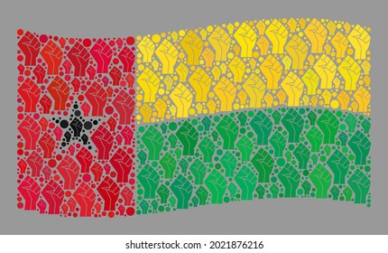 Mosaic waving Guinea-Bissau flag created with protest icons. Protest hand vector mosaic waving Guinea-Bissau flag designed for rebellion illustrations. Designed for political and patriotic projects.