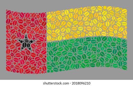 Mosaic waving Guinea-Bissau flag designed of coffee seed icons. Vector coffee mosaic waving Guinea-Bissau flag designed for coffee shops wallpapers.