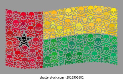 Mosaic waving Guinea-Bissau flag designed with piracy icons. Mortal vector waving collage Guinea-Bissau flag designed for fear applications. Designed for political or patriotic doctrines.