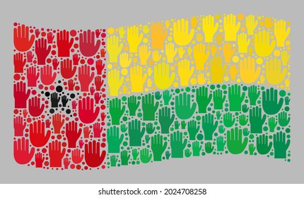 Mosaic waving Guinea-Bissau flag designed of upwards support hand items. Vector vote collage waving Guinea-Bissau flag designed for official applications.