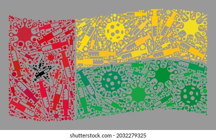 Mosaic waving Guinea-Bissau flag designed of virus and needle elements. Vector inoculation collage waving Guinea-Bissau flag organized for safety projects.