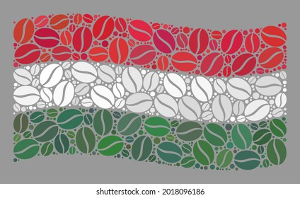 Mosaic waving Hungary flag constructed of coffee seed items. Vector coffee mosaic waving Hungary flag designed for coffee shops posters. Hungary flag collage is constructed of random coffee.