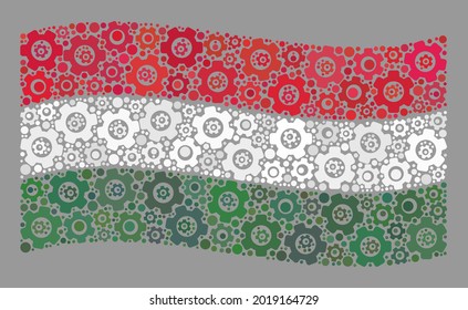 Mosaic waving Hungary flag constructed with control elements. Vector gear collage waving Hungary flag done for control posters. Hungary flag collage is composed with scattered configuration icons.