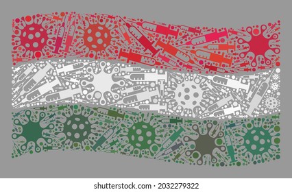 Mosaic waving Hungary flag constructed of virus and needle items. Vector vaccination collage waving Hungary flag constructed for treatment illustrations.