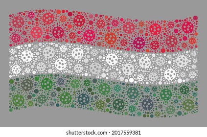 Mosaico ondeando la bandera de Hungría creada de elementos celulares. Mosaico del coronavirus vectores ondeando la bandera de Hungría creado para la propaganda de la atención de salud. Diseñado para propaganda política o patriótica.