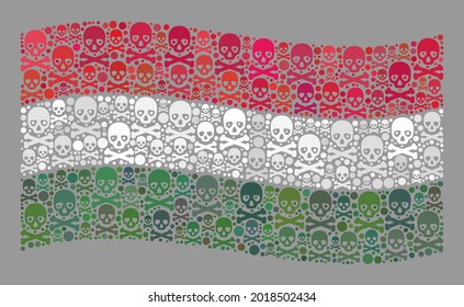Mosaic waving Hungary flag designed with toxic icons. Hazard vector waving collage Hungary flag designed for fear illustrations. Designed for political and patriotic proclamations.