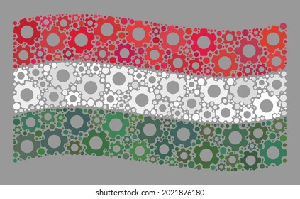 Mosaico ondeando la bandera de Hungría diseñada de íconos de rueda. Collage de la rueda de vectores ondeando la bandera de Hungría diseñada para aplicaciones de producción. El collage de la bandera de Hungría se hace con iconos de configuración aleatorios.