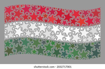 Mosaik wehende ungarische Flagge entworfen aus Sternelementen. Vector starrte Collage schwingen ungarische Flagge kombiniert für Karnevalspropaganda. Ungarische Flaggencollage ist mit Zufallsstern entworfen.