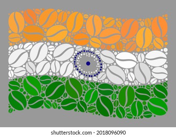 Mosaic waving India flag is constructed with coffee bean elements. Vector coffee mosaic waving India flag created for coffee shops posters. India flag collage is designed with random coffee grains.