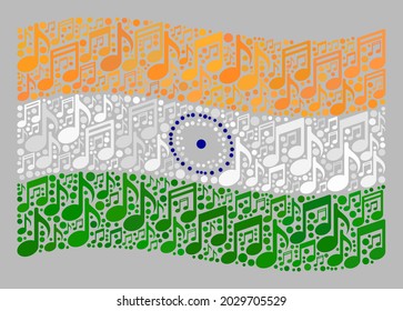 Bandera de India ondulada por mosaicos construida con símbolos de notación de melodía. Collage musical vectorial ondeando la bandera de la India construida para aplicaciones musicales. El collage de la bandera de la India está diseñado con íconos de canciones dispersos.