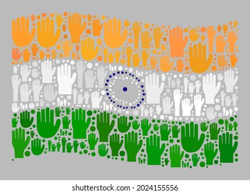 Mosaico ondeando la bandera de la India creada con artículos de mano levantados para las elecciones. Mosaico de democracia vectorial ondeando la bandera de la India creada para apoyar la propaganda. El collage de la bandera de la India está diseñado para las manos del voto.