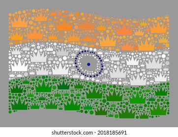 Mosaic waving India flag designed of royal items. Royalty vector collage waving India flag created for monarch advertisement. Designed for political and patriotic agitation.