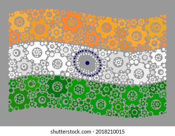 Mosaic waving India flag designed with industry icons. Vector gear collage waving India flag organized for control advertisement. India flag collage is created from scattered work icons.
