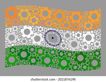 Mosaic waving India flag designed of mechanical items. Vector gear collage waving India flag designed for production illustrations. India flag collage is designed with randomized cogwheel items.