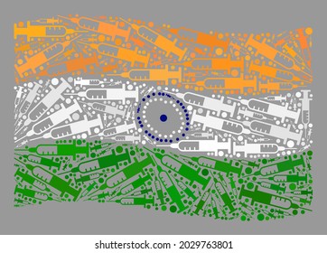 Mosaic waving India flag designed of vaccine items. Vector covid-2019 treatment mosaic waving India flag created for health care wallpapers. India flag collage is composed of randomized vaccine items.