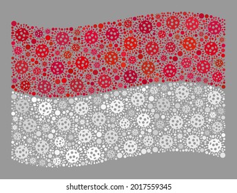 Mosaic waving Indonesia flag constructed of bacterium elements. Vector covid mosaic waving Indonesia flag designed for medicare applications. Designed for political or patriotic applications.