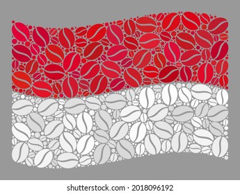 El mosaico ondeando la bandera de Indonesia se crea con artículos de grano de cacao. Collage de café vectorial ondeando la bandera de Indonesia creada para etiquetas de entrega de café.