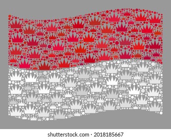 Mosaic waving Indonesia flag created of crown elements. Luxury vector mosaic waving Indonesia flag created for emperor posters. Designed for political or patriotic collages.