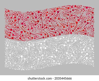 Mosaic waving Indonesia flag created with fireworks star icons. Vector fireworks collage waving Indonesia flag combined for holiday purposes.