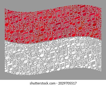 Bandera de Indonesia ondeando mosaico diseñada con iconos musicales. Collage de la melodía vectorial ondeando la bandera de Indonesia construida para ilustraciones del partido. El collage de la bandera de Indonesia está diseñado con íconos musicales al azar.