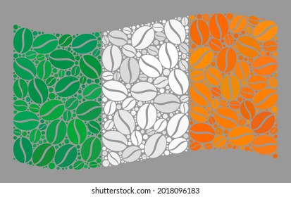 Mosaic waving Ireland flag is constructed with coffee bean elements. Vector coffee collage waving Ireland flag created for coffee shops advertisement.